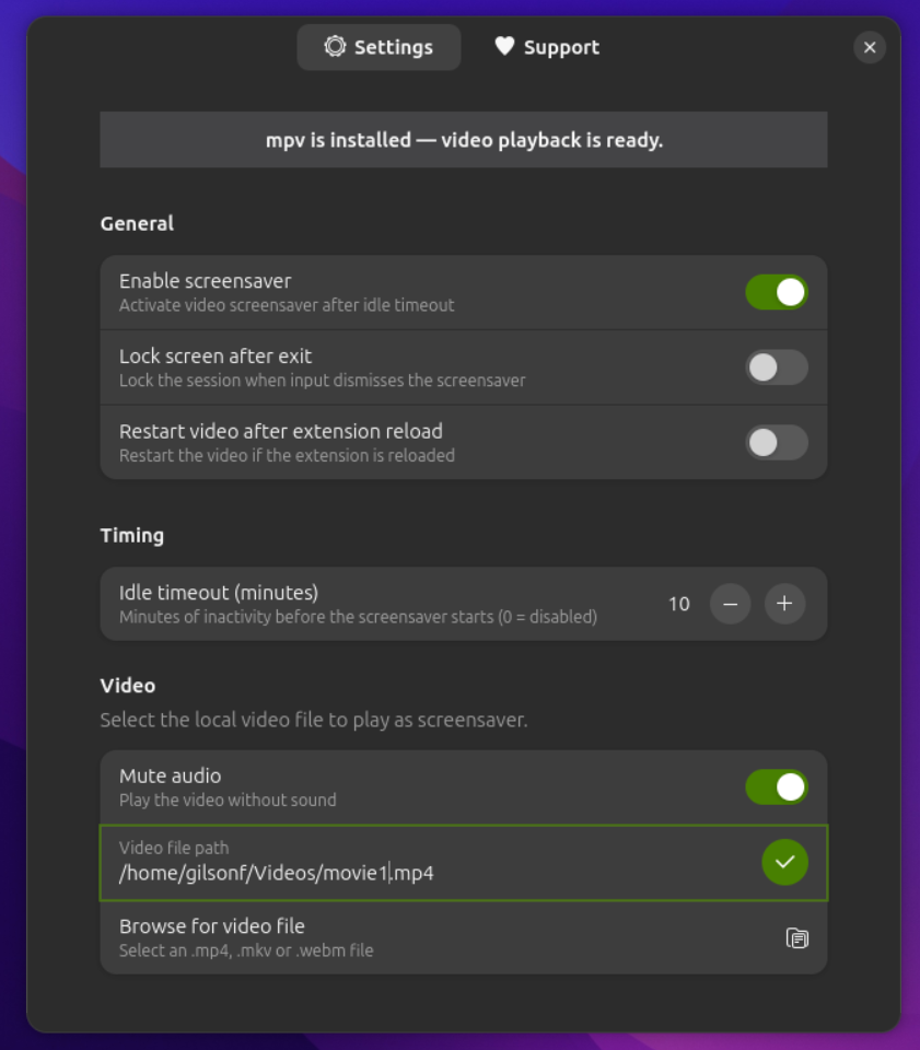 Movie Screensaver preferences window